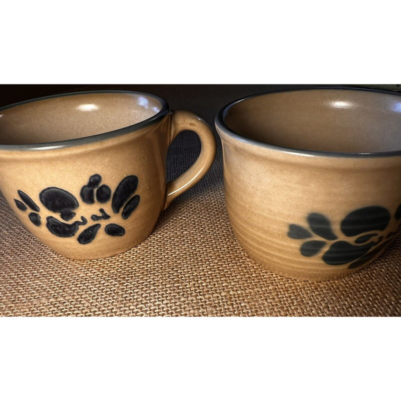 Vintage Pfaltzgraff Folk Art Pattern Tan And Blue Coffee Mugs --Set of 2 - Picture 2 of 8